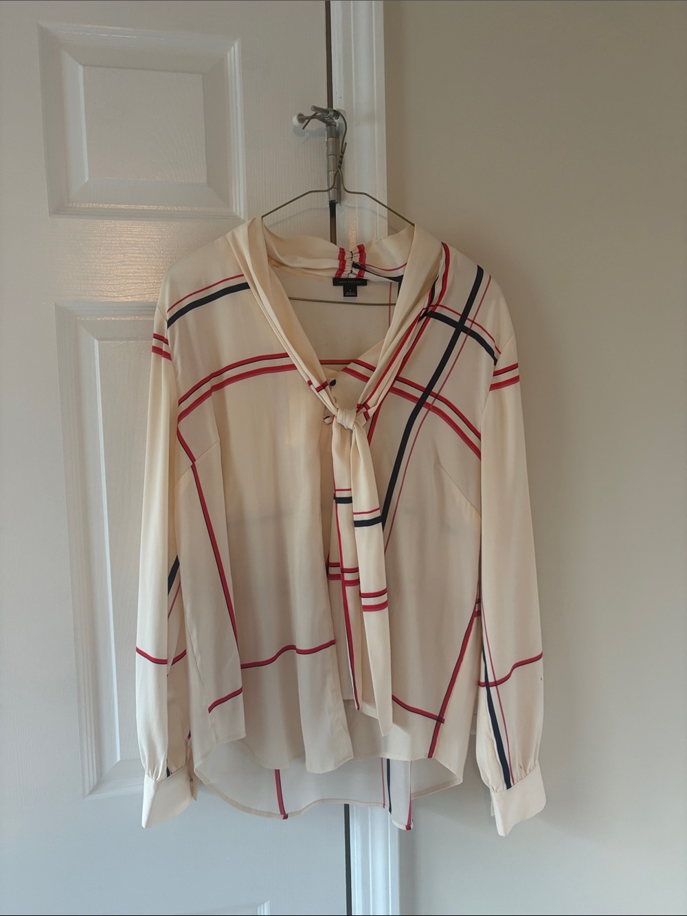 Ann Taylor Cream Tie-Neck Blouse with Red and Navy Plaid
